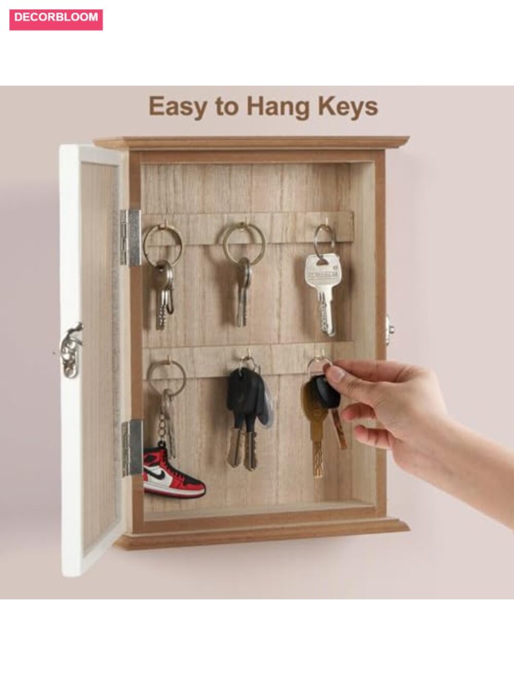 Wood Wall Mounted Key Holder with 6 Hooks Rustic Organizer Entryway - Picture 2 of 6